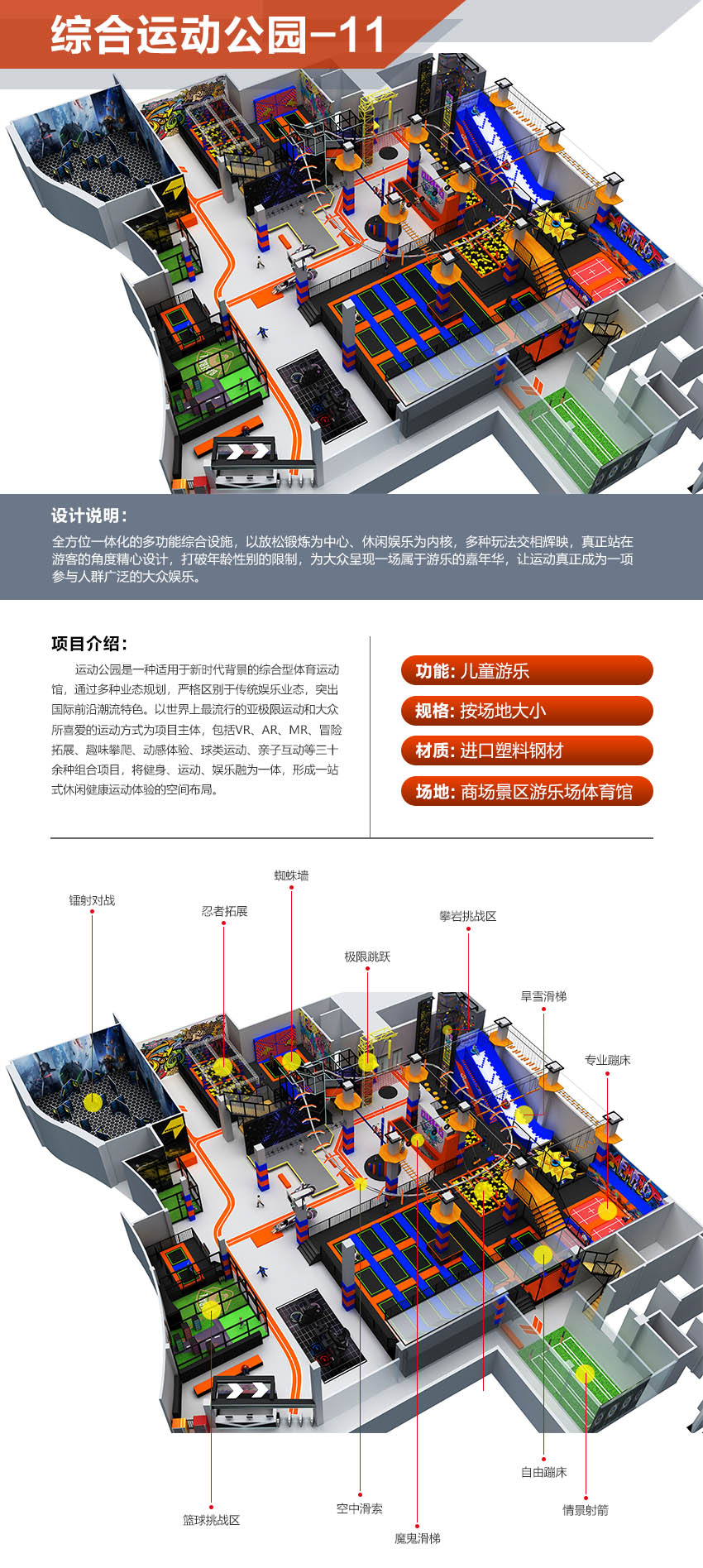 運動公園是一種適用于新時代背景的綜合型體育運動館，通過多種業(yè)態(tài)規(guī)劃，嚴格區(qū)別于傳統(tǒng)娛樂業(yè)態(tài)，突出國際前沿潮流特色。以世界上最流行的亞極限運動和大眾所喜愛的運動方式為項目主體，包括VR、AR、MR、冒險拓展、趣味攀爬、動感體驗、球類運動、親子互動等三十余種組合項目，將健身、運動、娛樂融為一體，形成一站式休閑健康運動體驗的空間布局。